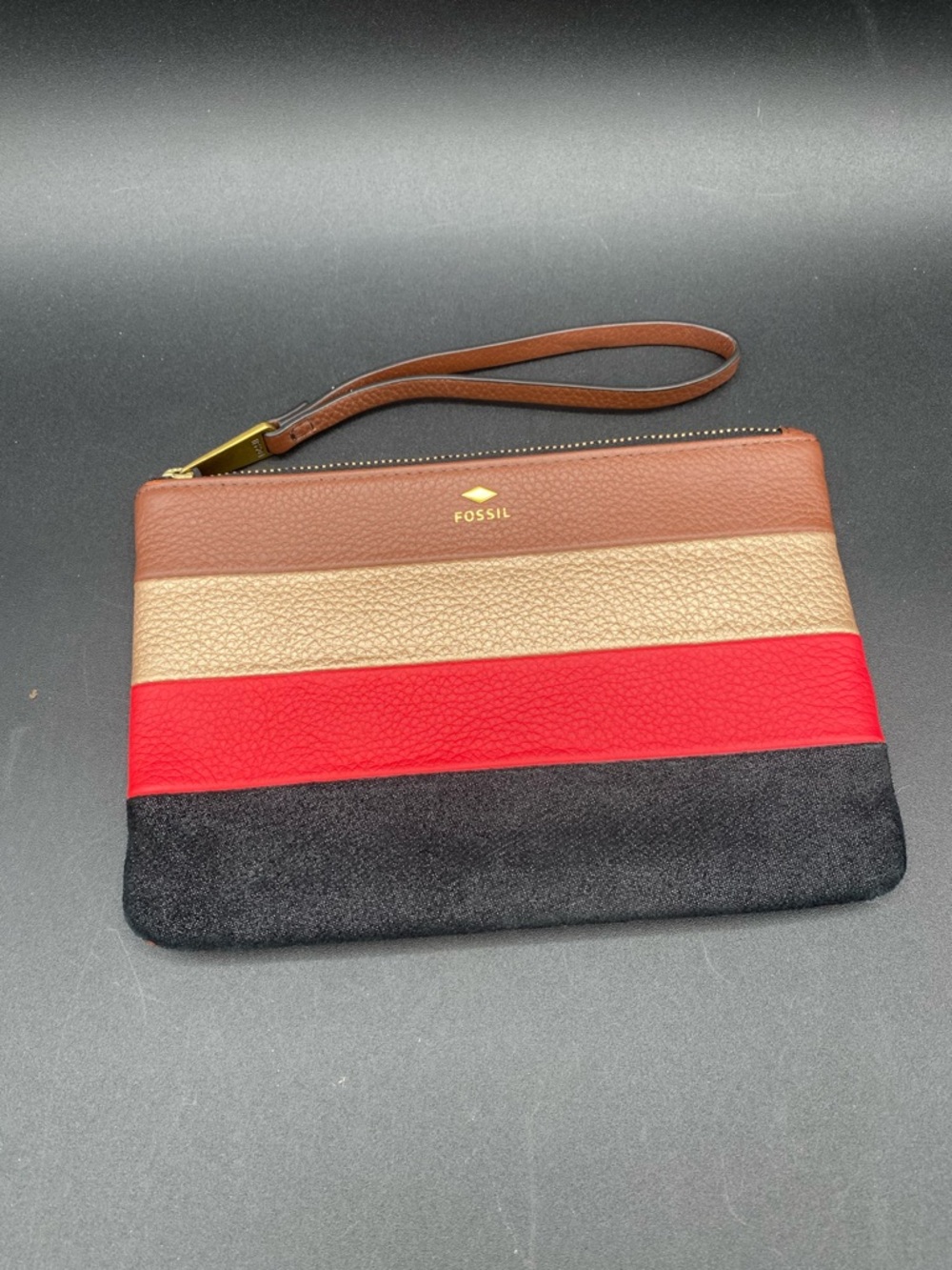 FOSSIL Leather & Suede Colorblock Wristlet Large Pouch Red Brown Gold Black